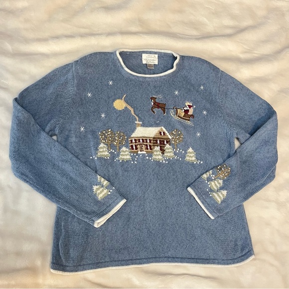 Christopher & Banks Sweaters - Christopher & Banks Blue Knit Vintage Ugly Christmas Sweater Grandma Embroidered